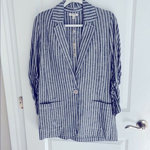 Max Studio Striped Blue &’White Women's Blazer Linen Blend Ruched Sleeves NWT - Picture 1 of 11